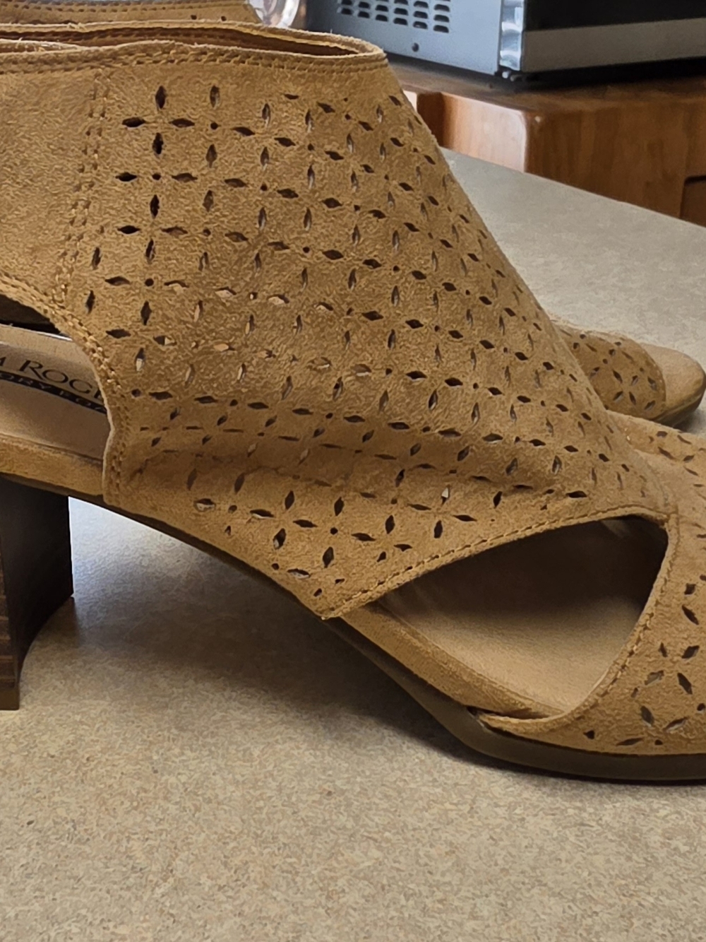 Kim Rogers Tan Suede Laser-Cut Peep-Toe Block Heels